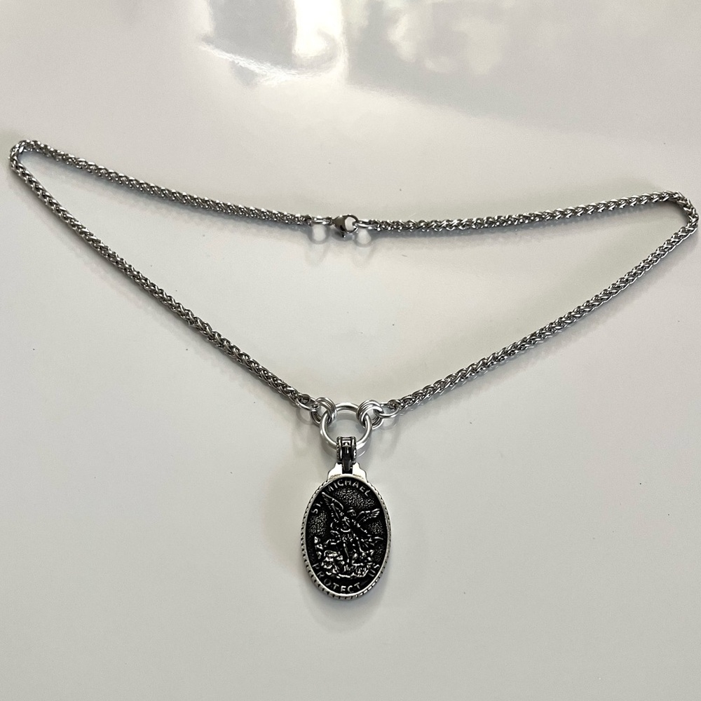 Handmade wheat chain stainless steel necklace with st Michael medal charm - Picture 11 of 13